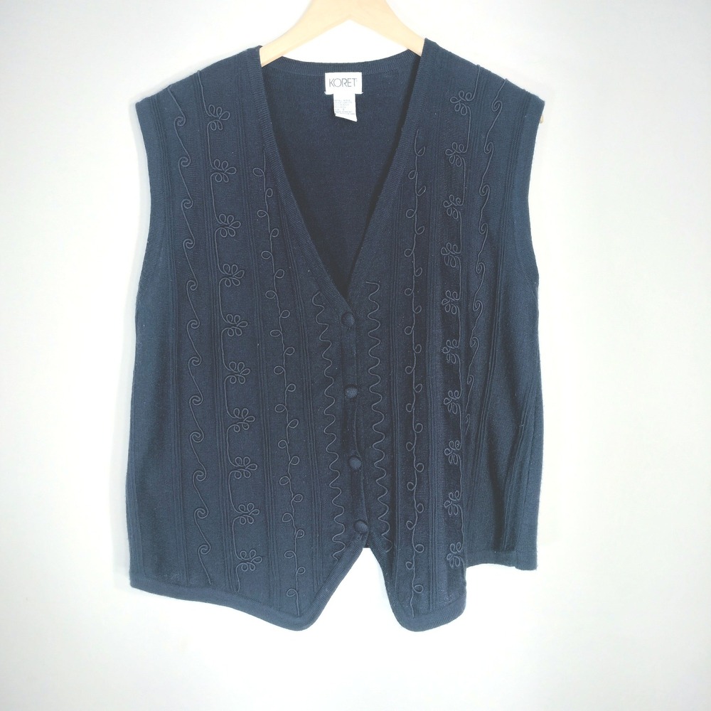 Koret Vintage Navy Blue Sweater Vest; Embroidered Button Front Wool Blend
